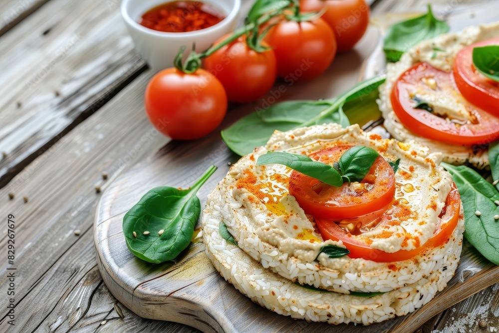 Nutritious rice cake snack with hummus spinach and tomatoes on wooden surface