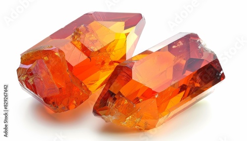 November s birthstone two vivid orange Imperial topaz crystals a hydrated aluminium fluosilicate gemstone against a white backdrop photo