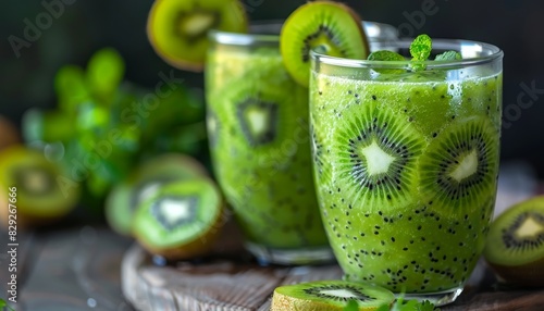 Nutritious green smoothie with kiwi in glasses promoting health and a vegetarian diet