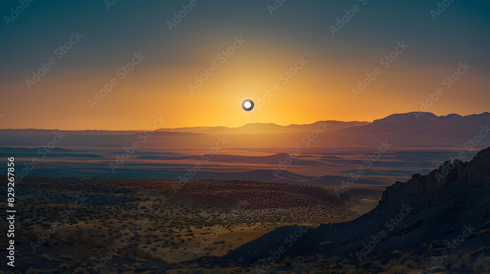 A large sun is setting over a desert landscape A large sun is setting over a desert landscape