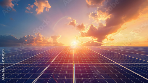 A field of solar panels is shown with the sun setting in the background