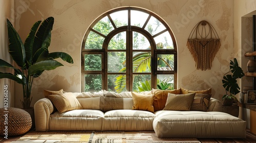 Corner sofa with pillows against arched window. Boho ethnic home interior design of modern living room. copy space for text.