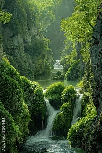 photography, a green lush waterfall in the middle of the jungle, in the style of eastern zhou dynasty, lovely, ferrania, lively and energetic, naturalistic nostalgia, Generate AI. photo