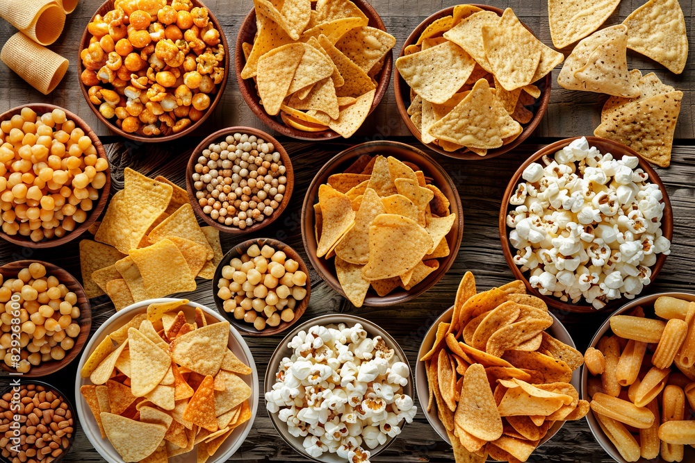 Party mix of salty snacks various crispy appetizers arranged in overhead shot Chips crackers popcorn etc