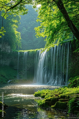 photography  a green lush waterfall in the middle of the jungle  in the style of eastern zhou dynasty  lovely  ferrania  lively and energetic  naturalistic nostalgia  Generate AI.