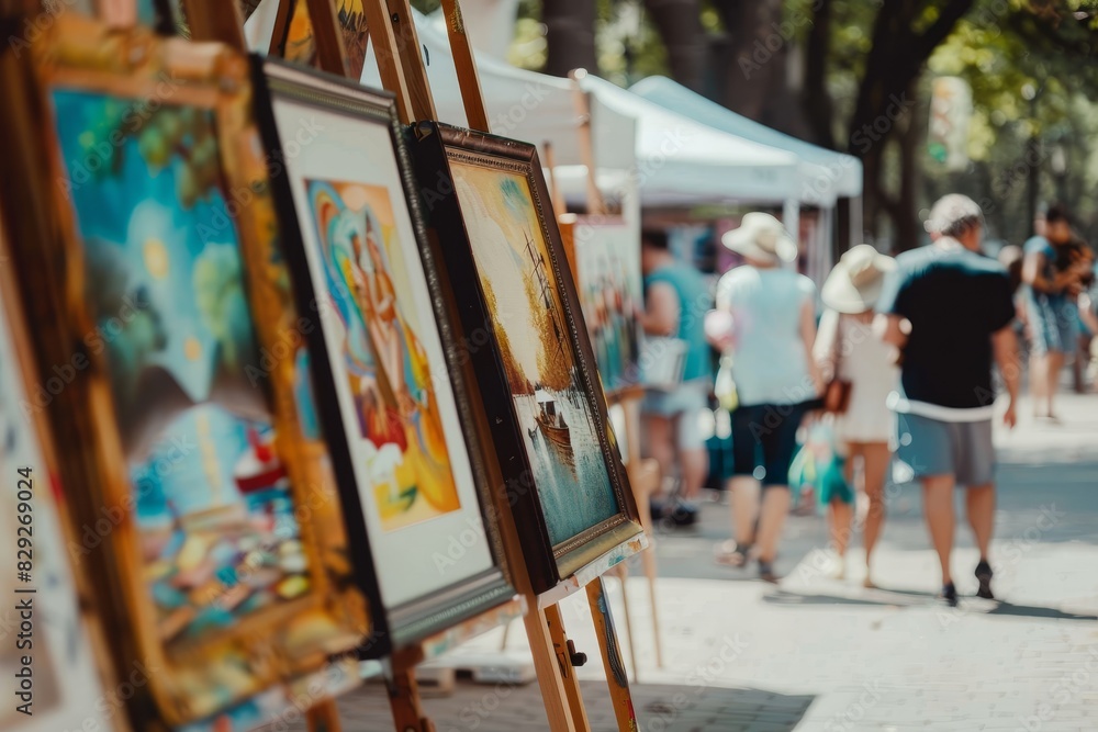 Obraz premium People enjoy artwork at an art festival in a downtown park in a blurry photo