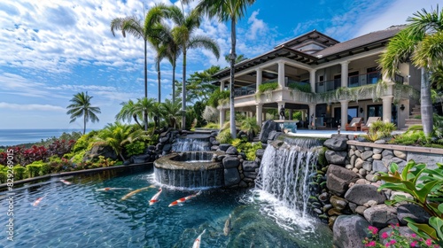 An oceanfront villa with a cascading waterfall and koi pond in the landscaped gardens