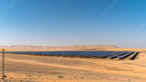 A large field of solar panels is spread across a desert landscape