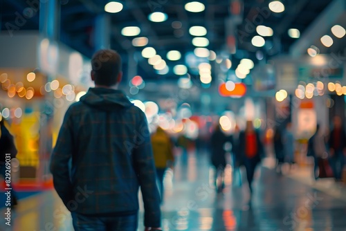 people in a fuzzy trade fair hall