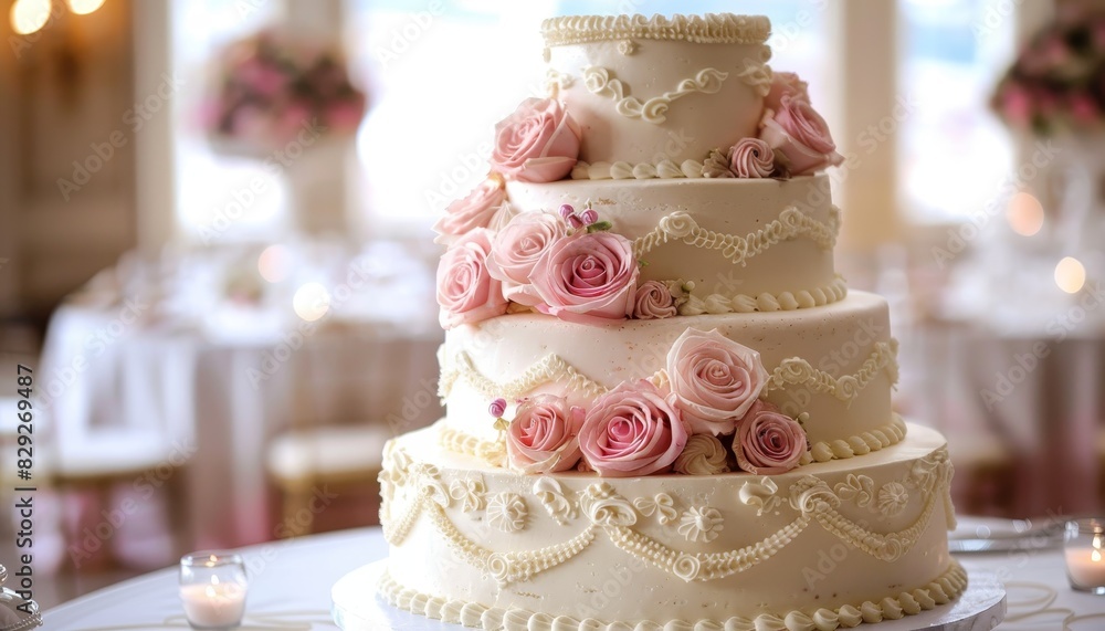 Pink roses on a white table adorn a four tiered wedding cake with white frosting for a wedding ceremony Pink roses on a white table adorn a four tiered wedding cake with white frosting for a wedding ceremony