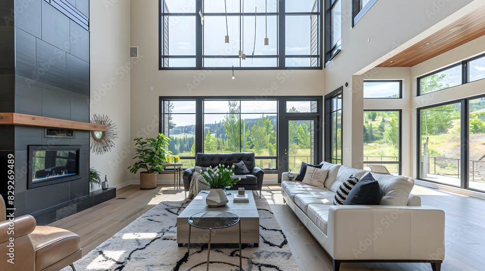 A large living room with a fireplace and a large window A large living room with a fireplace and a large window