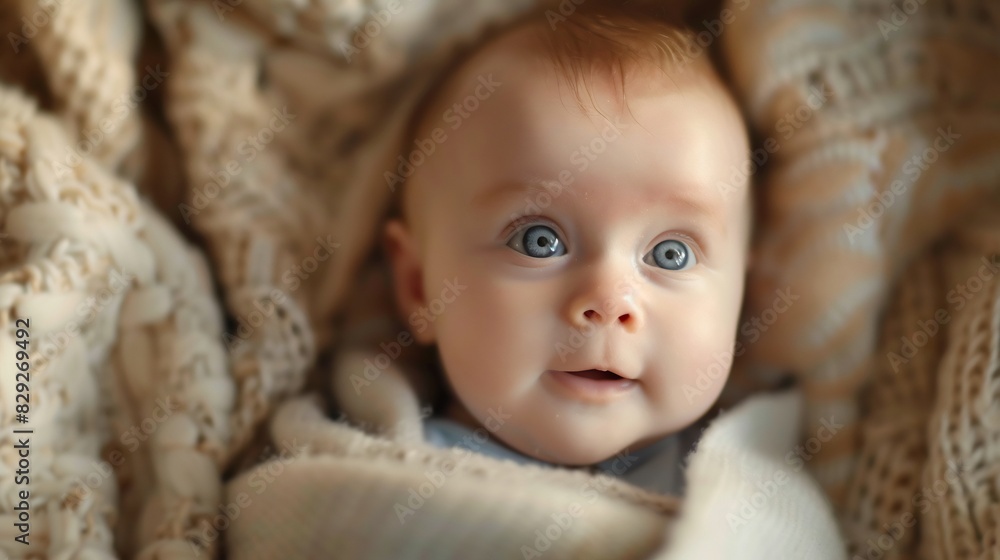 Baby looking up lying on Beige Blanket in Crib Baby looking up lying on Beige Blanket in Crib