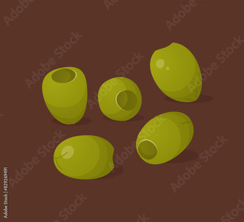 Green olives in realistic style isolated on brown background. Fresh fruit, food vector illustration.