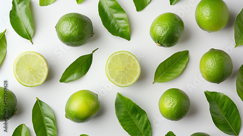 Graphic design poster art of limes with lime leaves laid out in mismatched patterns. Aerial photography style on a white background with soft-edged, rounded details photo