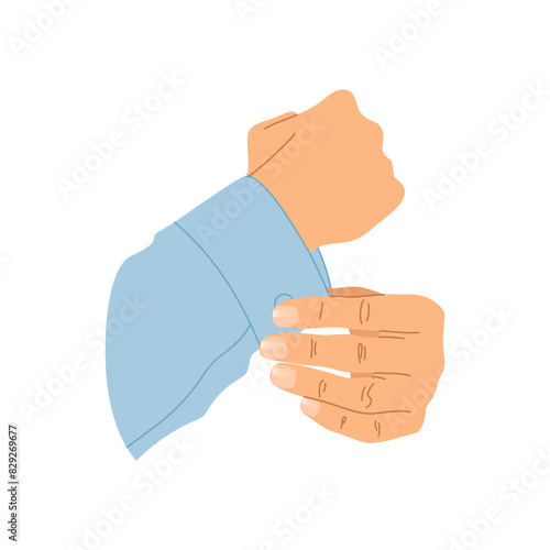Hands of man with basic nail design isolated on a white background. Male manicure concept. Man fastening cufflinks. Elegance male daily routine. Non-colors manicure, trendy nails. Vector illustration.