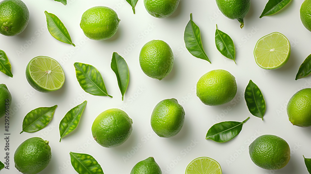 Graphic design poster art of limes with lime leaves laid out in mismatched patterns. Aerial photography style on a white background with soft-edged, rounded details Graphic design poster art of limes with lime leaves laid out in mismatched patterns. Aerial photography style on a white background with soft-edged, rounded details