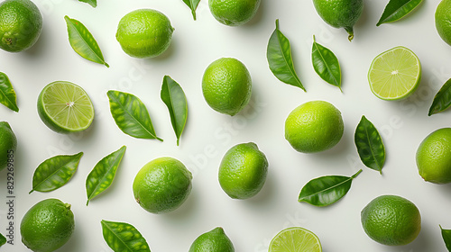 Graphic design poster art of limes with lime leaves laid out in mismatched patterns. Aerial photography style on a white background with soft-edged, rounded details
