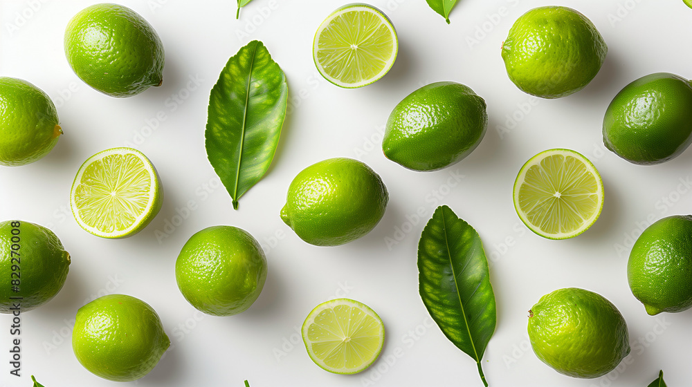Graphic design poster art of limes with lime leaves laid out in mismatched patterns. Aerial photography style on a white background with soft-edged, rounded details Graphic design poster art of limes with lime leaves laid out in mismatched patterns. Aerial photography style on a white background with soft-edged, rounded details