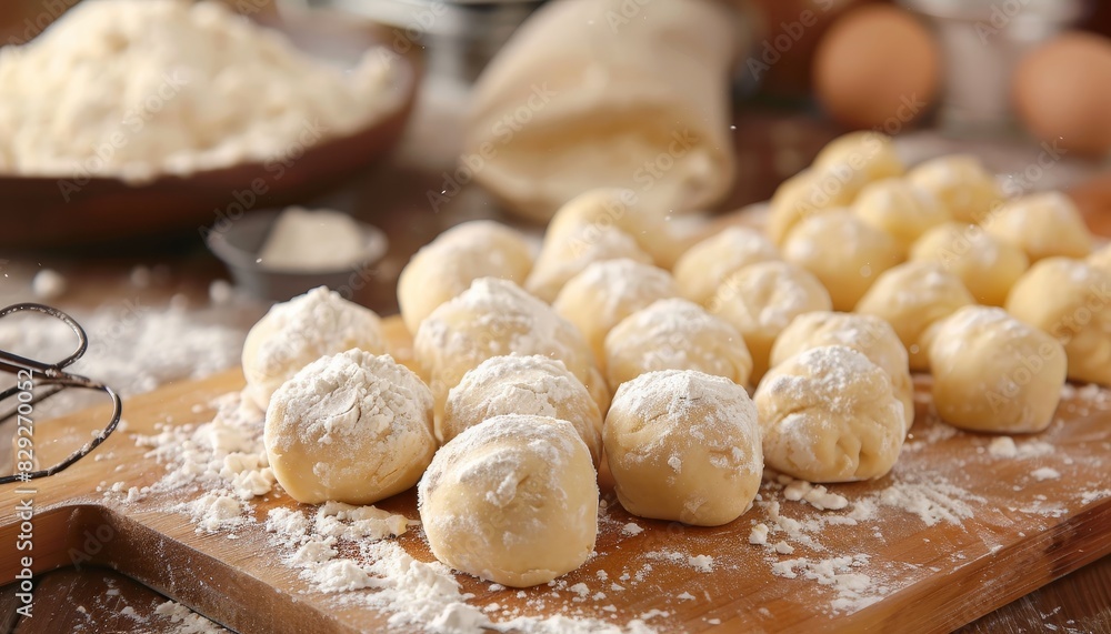 Preparing pastries with raw dough balls and flour on a wooden counter Preparing pastries with raw dough balls and flour on a wooden counter