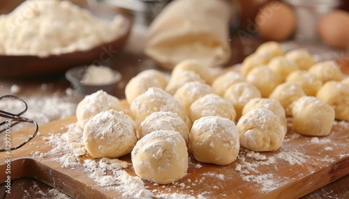 Preparing pastries with raw dough balls and flour on a wooden counter