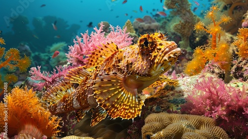 A well camouflaged scorpion fish rests on coral in Madagascar photo