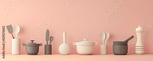 a set of Saucer, 3D clay style, dining room equipment, isolated on pastel background