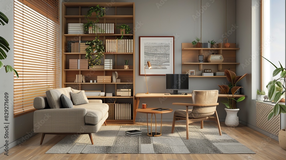 Modern home office in the living room, Convenient, comfortable, nice place to work, Remote work from home, Minimal interior decor design background. copy space for text. Modern home office in the living room, Convenient, comfortable, nice place to work, Remote work from home, Minimal interior decor design background. copy space for text.