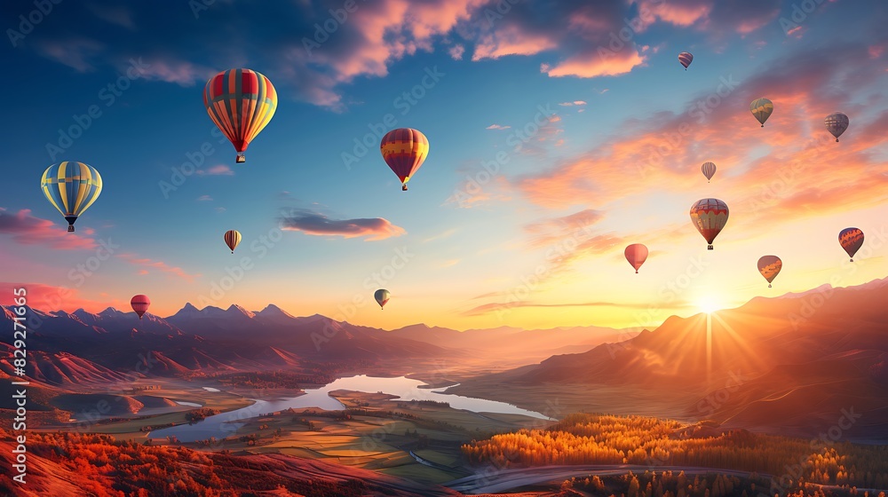 Naklejka premium Bright and colorful hot air balloons floating over a scenic landscape at sunrise