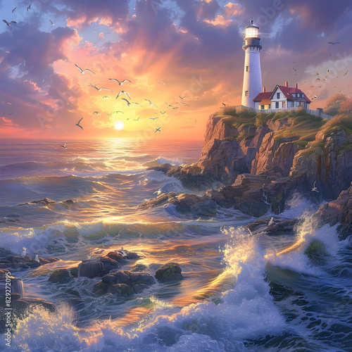 Breathtaking Coastal Sunset with Picturesque Lighthouse and Soaring Seagulls
