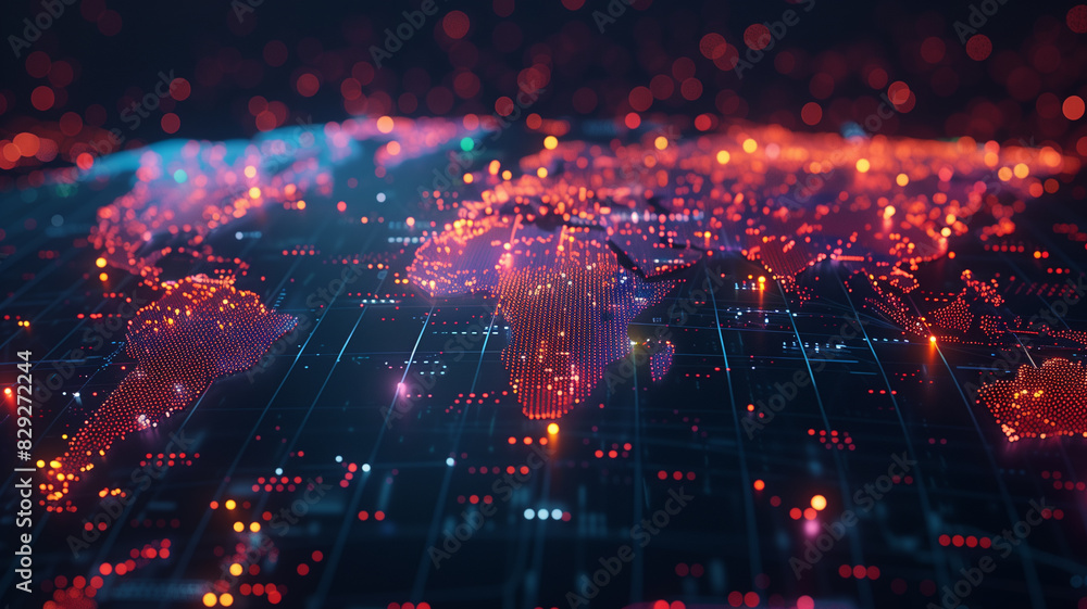A digital world map illuminated with glowing red and orange dots, representing global data connectivity and technological networks. The vibrant, high-tech visualization showcases the interconnected A digital world map illuminated with glowing red and orange dots, representing global data connectivity and technological networks. The vibrant, high-tech visualization showcases the interconnected