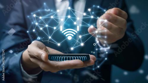 Handheld Wireless Technology and Digital ConnectivityBusinessman Showcasing Modern Wireless Network, internet signals, glowing lines and dots ensuring highly accurate conectivity