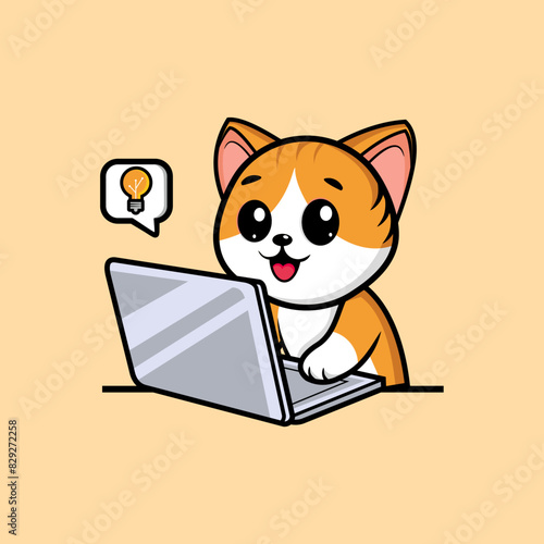 cute orange cat is sitting and smiling happily in front of the computer, getting a brilliant idea with a cartoon-style illustration of a light bulb  icon
