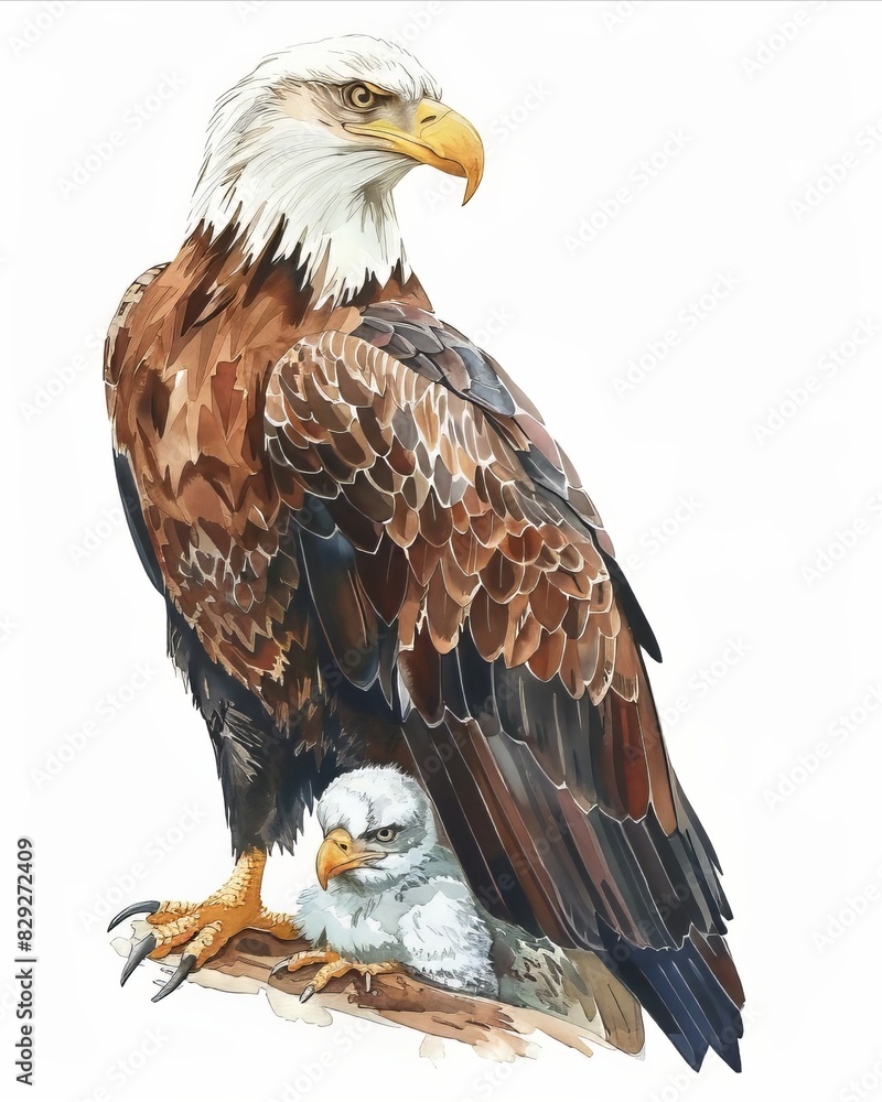 Obraz premium Eagle and its baby Watercolor Illustration