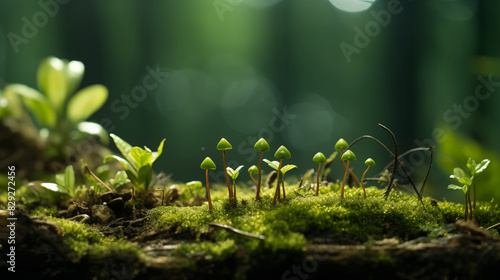 small plant growing out of leafy green mosss in rain forest. Biodoversity concept photo