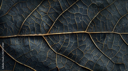 a close-up of a black leaf with gold veins. The leaf has a smooth, shiny surface and the veins are detailed and intricate.