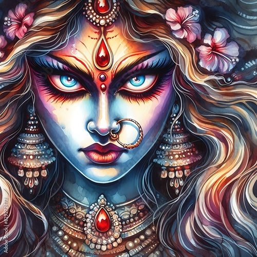 Watercolor Painting of Goddess Kali's Intense Stare photo