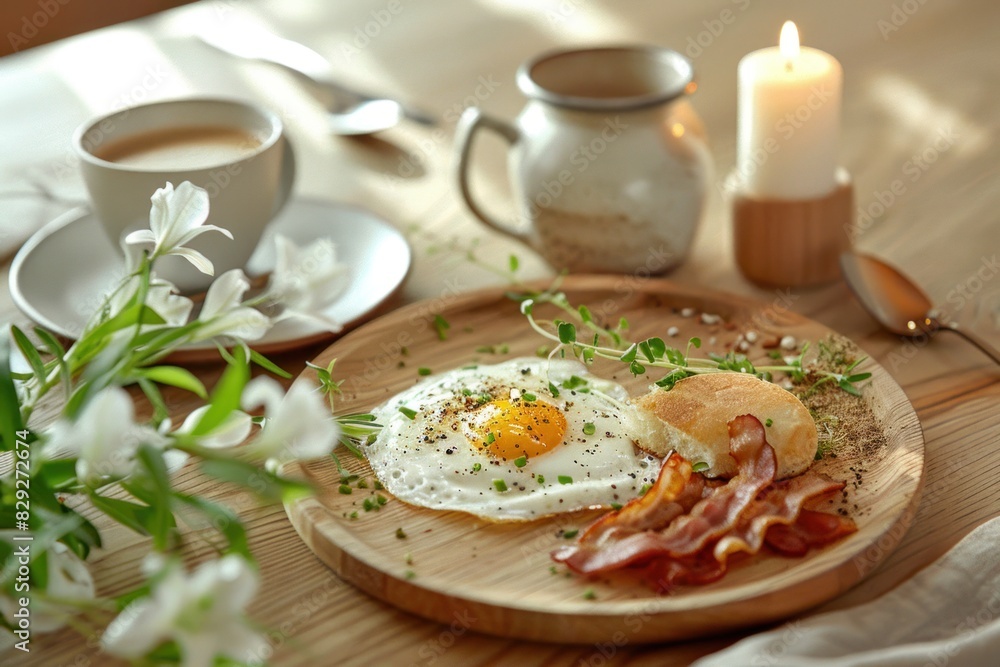 Homemade simple breakfast on kitchen table,coffee cup and fried eggs, microgreens and some strawberry, flowers of lily, elevated luxurious morning everyday routine, closeup photo, AI generated image