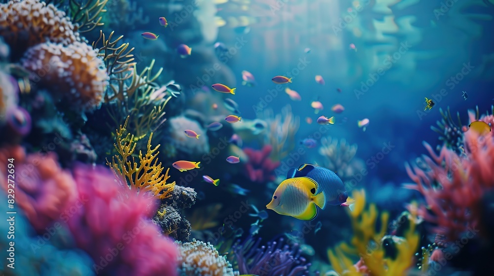 Fototapeta premium Underwater with colorful sea closeup life fishes and plant at seabed background, Colorful Coral reef landscape in the deep of ocean. Marine life concept.