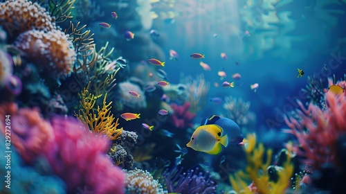 Underwater with colorful sea closeup life fishes and plant at seabed background, Colorful Coral reef landscape in the deep of ocean. Marine life concept.