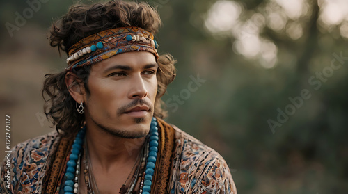 Portrait of A man in a boho fashion cloths and isolated background, boho fashion concept