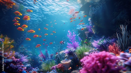 Underwater with colorful sea closeup life fishes and plant at seabed background, Colorful Coral reef landscape in the deep of ocean. Marine life concept.