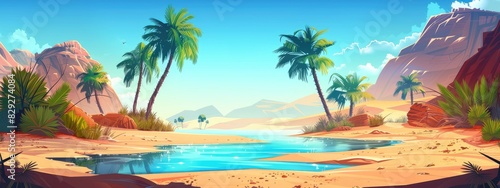Landscape of a small oasis with pond and palm trees in the desert. Cartoon illustration. photo