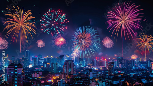 Fireworks exploding over a city skyline at night, with colorful bursts lighting up the buildings below. The continuous display of fireworks creates a festive and celebratory atmosphere.  © Aleksandra
