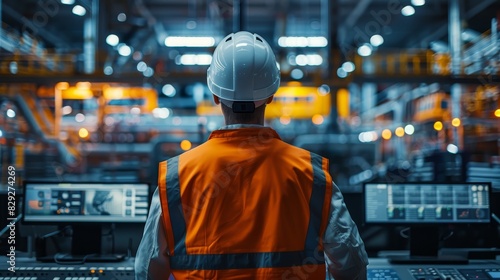 Industrial Concept: Industrial overseer controlling mine operations from a high - tech control room photo