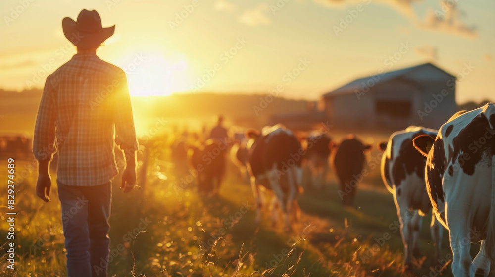 Cowboy walking with cattle at sunset, leading the herd across a farm field with a barn in the background