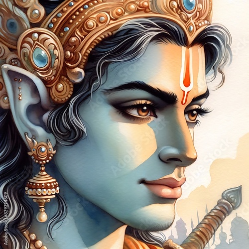 Watercolor Painting of Lord Rama's Noble Visage photo