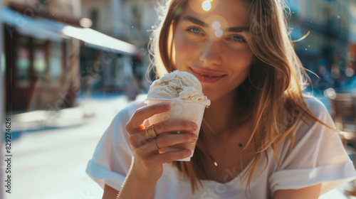 Woman Enjoying Ice Cream in Sunlit Outdoor Setting