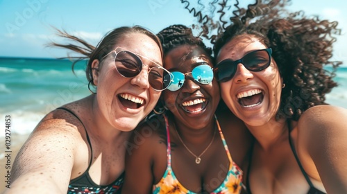 authentic portrait of black women resting on beach, facial expression with bold positive emotions, African-American female friends laughs, intense expression, grained photo in 90s style, AI generated