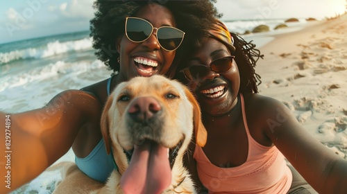 authentic portrait of black women resting on beach with dog, facial expression with bold positive emotions, African-American female friends laughs, grained photo in 90s style, AI generate image