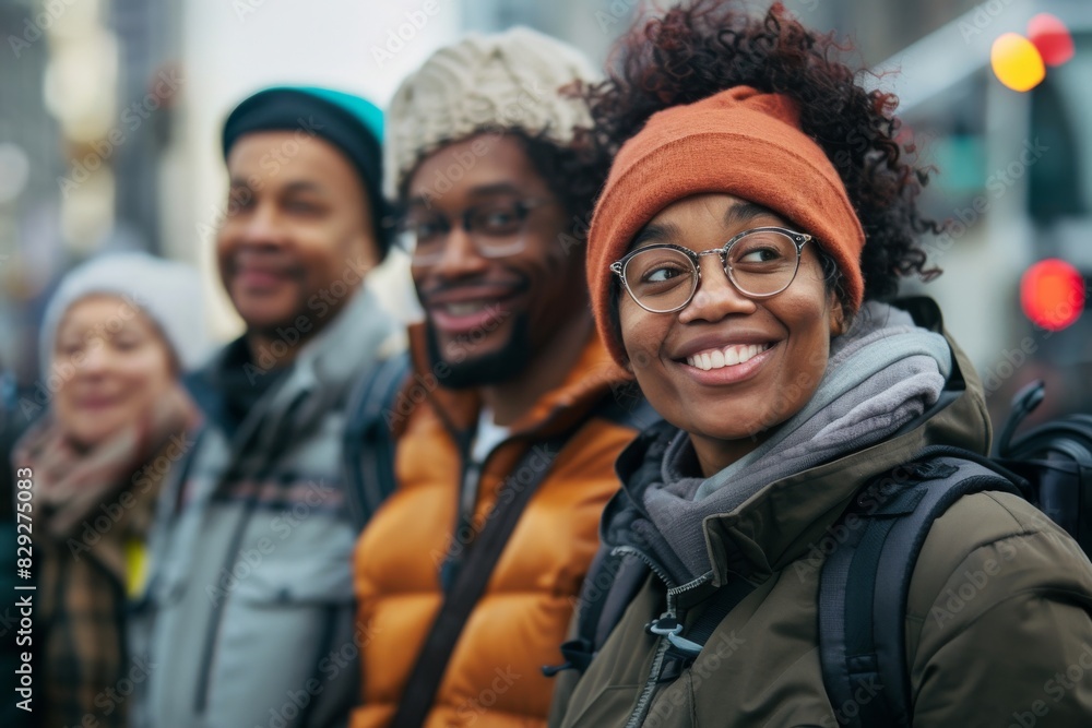 happy african american woman with friends walking in city at winter happy african american woman with friends walking in city at winter